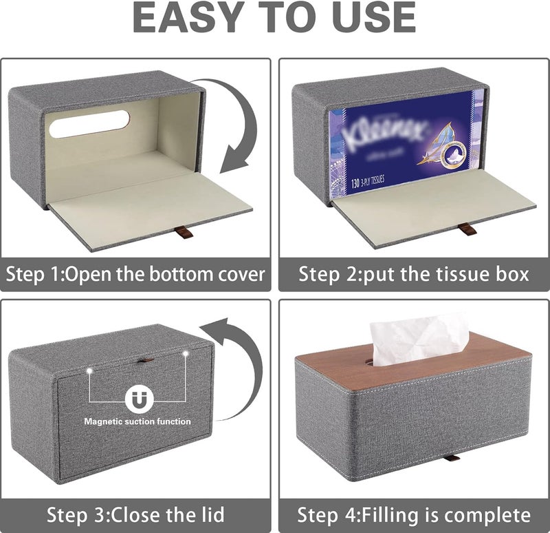 XNONE Tissue Box Cover Rectangle Tissue Box Holder PU Leather Facial Organizer with Magnetic Bottom,Decorative Napkin Caddy for Vanity Dresser Night Stand Table Countertop Home Office Car,Grey - Image 5
